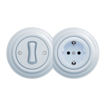 Kliklap - Interruptor retro unipolar nº 1 e tomada SCHUKO 230 V com moldura azul