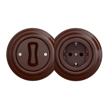 Kliklap - Interruptor unipolar retro n.º 1 e tomada SCHUKO 230 V com moldura castanha