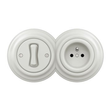 Kliklap - Retro interruptor unipolar n.º 1 e tomada 230 V com moldura em cerâmica branca