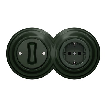 Kliklap - Retro interruptor unipolar n.º 1 e tomada SCHUKO 230V com moldura verde