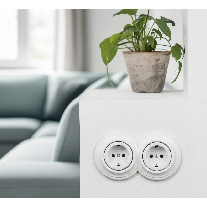 Kliklap - Tomada doméstica retro dupla com moldura SCHUKO 230V, branco neve