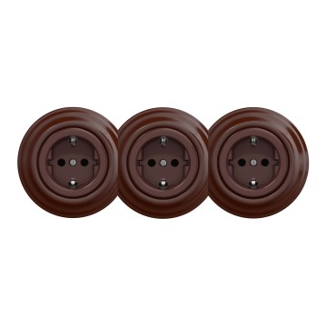 Kliklap - Tomada doméstica retro tripla com moldura SCHUKO 230V castanha