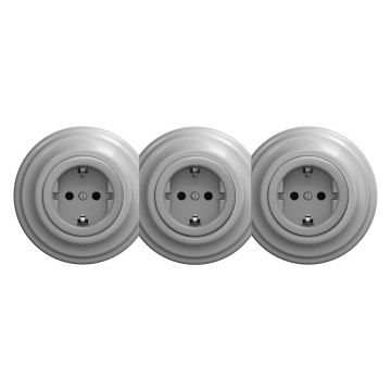 Kliklap - Tomada doméstica retro tripla com moldura SCHUKO 230V cinzenta