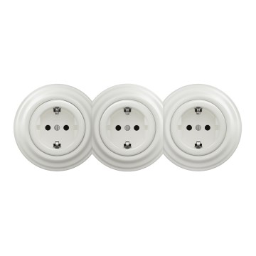 Kliklap - Tomada doméstica retro tripla com moldura SCHUKO 230V, em cerâmica branca