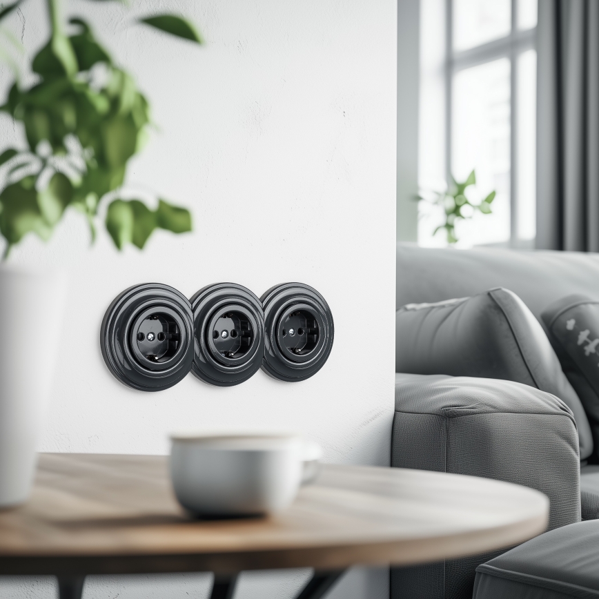Kliklap - Tomada doméstica tripla estilo retro com moldura SCHUKO 230V antracite