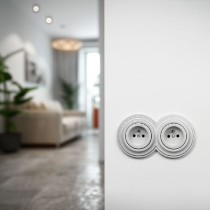 Kliklap - Tomada dupla retro doméstica com moldura, 230V, cerâmica branca