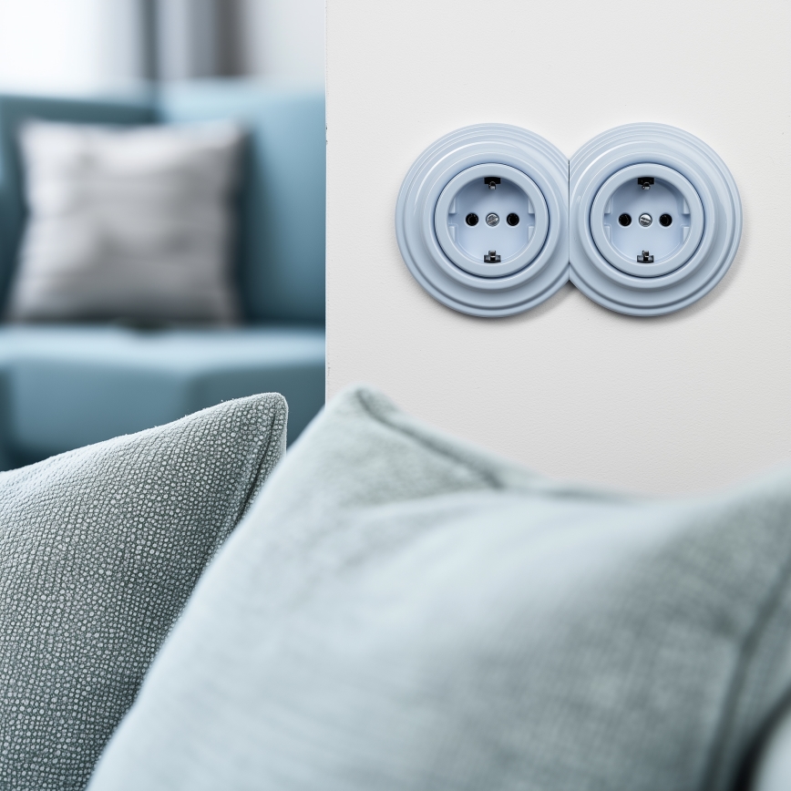 Kliklap - Tomada Dupla Retro Doméstica para Parede com Moldura SCHUKO 230V Azul