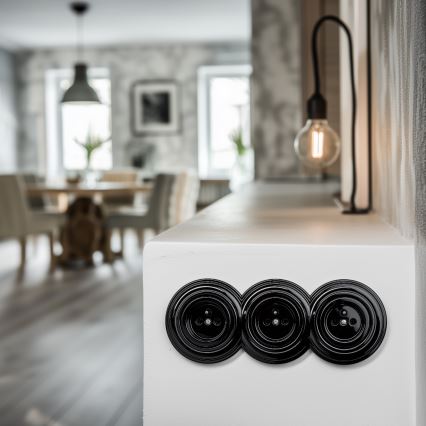 Kliklap - Tomada retro tripla doméstica com moldura, 230 V, preta