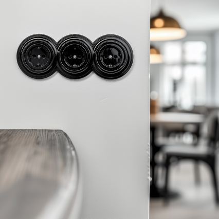 Kliklap - Tomada tripla retro doméstica com moldura SCHUKO 230V preta