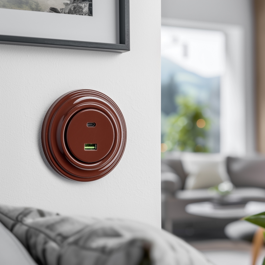 Kliklap - Tomada USB Retro A+C com moldura castanha