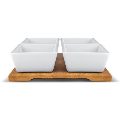 Lamart - Conjunto 4x tigela de porcelana 19x19 cm + bandeja de madeira
