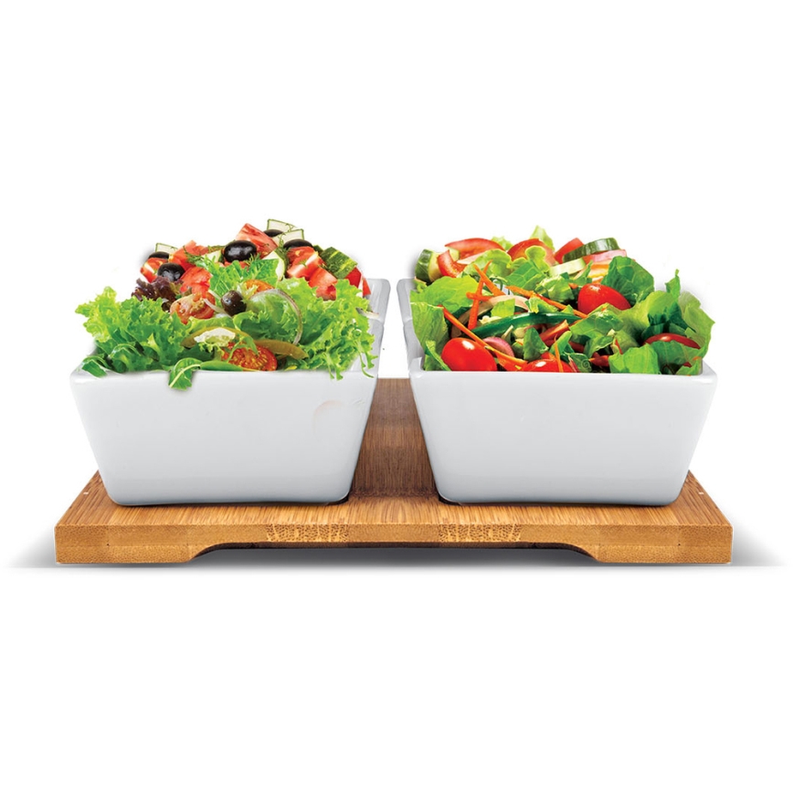 Lamart - Conjunto 4x tigela de porcelana 19x19 cm + bandeja de madeira