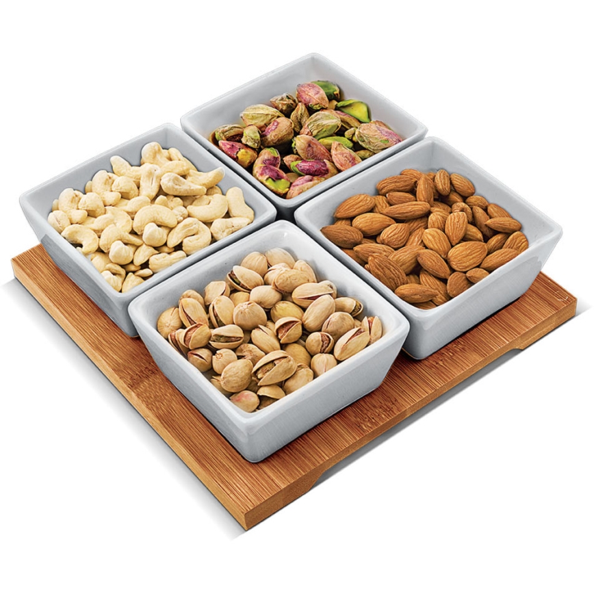 Lamart - Conjunto 4x tigela de porcelana 19x19 cm + bandeja de madeira