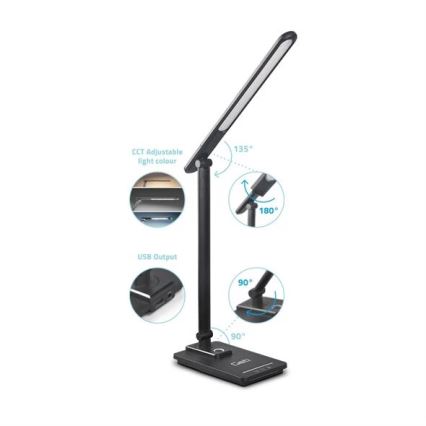 Lâmpada de mesa LED regulável com USB LED/9W/230V 3000K/4000K/5500K preta