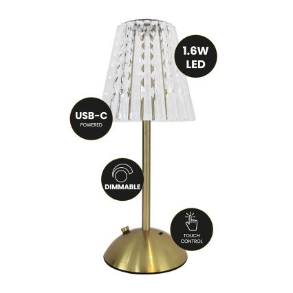 Lâmpada de mesa LED recarregável com dimmer tátil ELBA LED/1,6W/800 mAh 3000/4000/6000K dourada/transparente