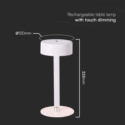 Lâmpada de mesa LED recarregável com dimmer touch LED/3W/5V 3000-6000K 2400 mAh branca