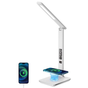 Lâmpada de mesa LED regulável com carregamento sem fio QI e USB KINGFISHER LED/8,5W/230V branca