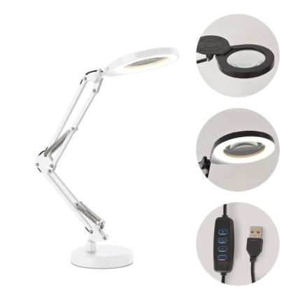 Lâmpada de mesa LED regulável com lupa 2 em 1 AURIQ LOUPE LED/10W/5V 3000/4000/6500K branca