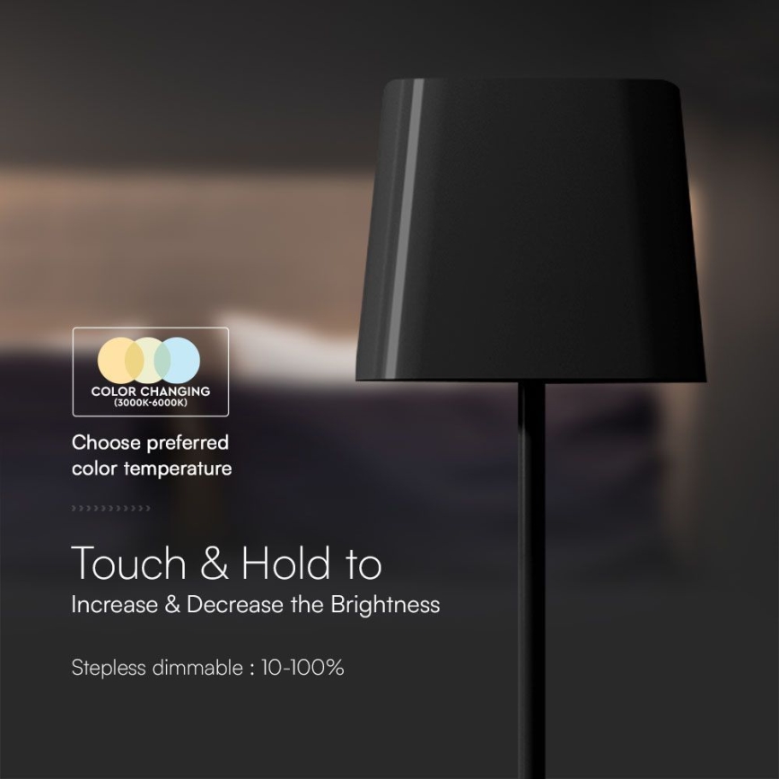 Lâmpada de mesa LED solar recarregável com dimmer, toque magnético LED/5W/5V 3000-6000K 3600 mAh IP65 preta