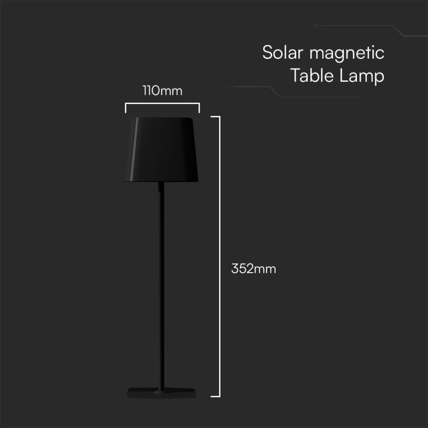 Lâmpada de mesa LED solar recarregável com dimmer, toque magnético LED/5W/5V 3000-6000K 3600 mAh IP65 preta