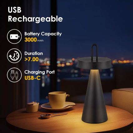 LED Lâmpada de mesa tátil recarregável e regulável para exterior HALO LED/1,5W/3,7V 3000 mAh IP44 preta