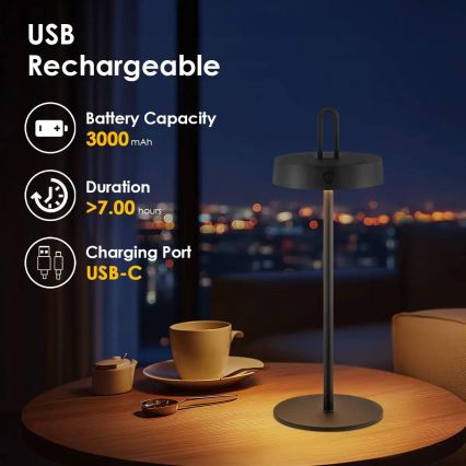 Candeeiro de mesa táctil recarregável LED regulável para exteriores SHINE LED/1,5W/3,7V 3000 mAh IP44 preto
