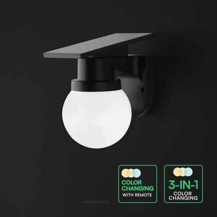 Arandela solar LED/3,7V 3000/4000/6400K IP54 1800 mAh preta + comando remoto