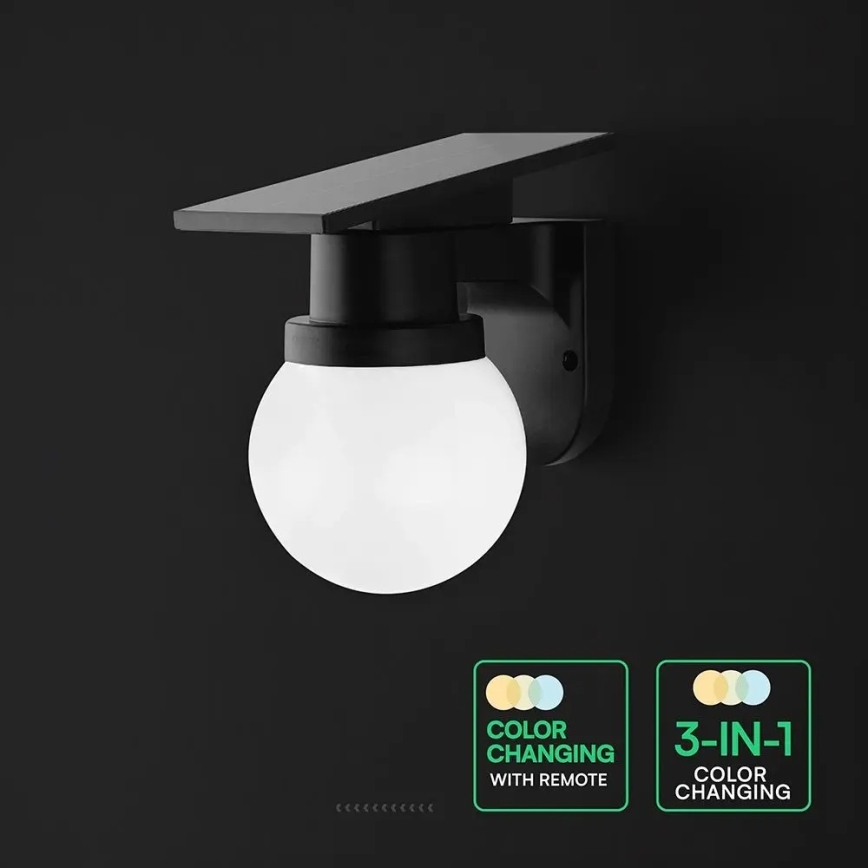 Arandela solar LED/3,7V 3000/4000/6400K IP54 1800 mAh preta + comando remoto