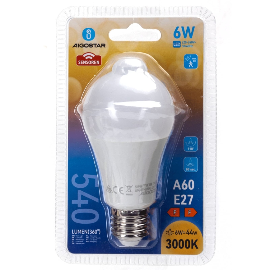 Lâmpada LED A60 com sensor de movimento e crepuscular E27/6W/230V 3000K - Aigostar