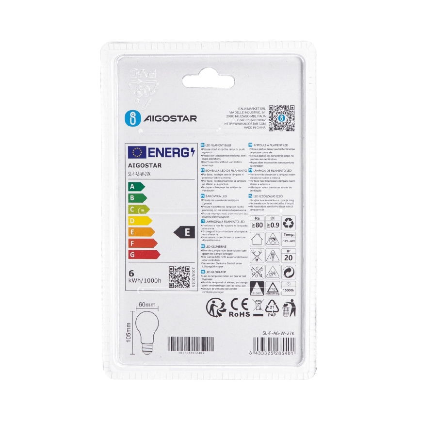 Lâmpada LED A60 E27/6W/230V 330° 2700K - Aigostar