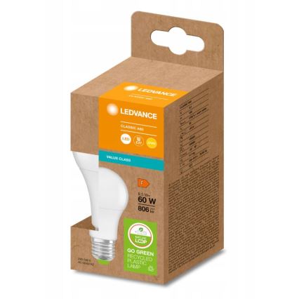 Lâmpada LED de plástico reciclado A60 E27/8,5W/230V 2700K - Ledvance