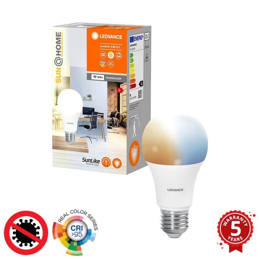 Lâmpada LED antibacteriana regulável A40 E27/9W/230V Wi-Fi - Ledvance