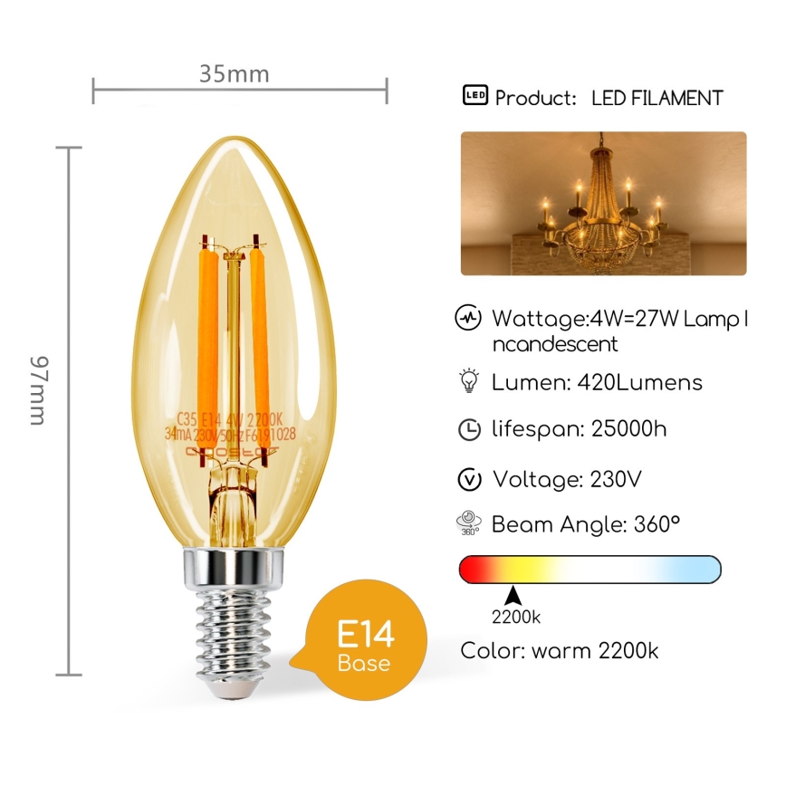 Lâmpada LED C35 E14/4W/230V 2200K - Aigostar
