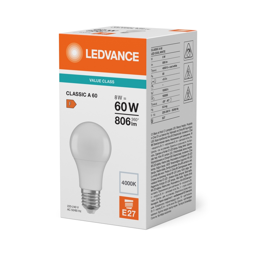Lâmpada LED CLASSIC A60 E27/8W/230V 4000K - Ledvance