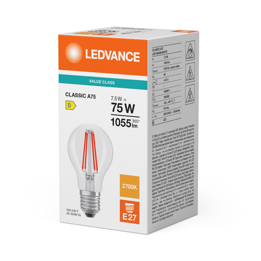 Lâmpada LED CLASSIC FILAMENT A60 E27/7,5W/230V 2700K - Ledvance