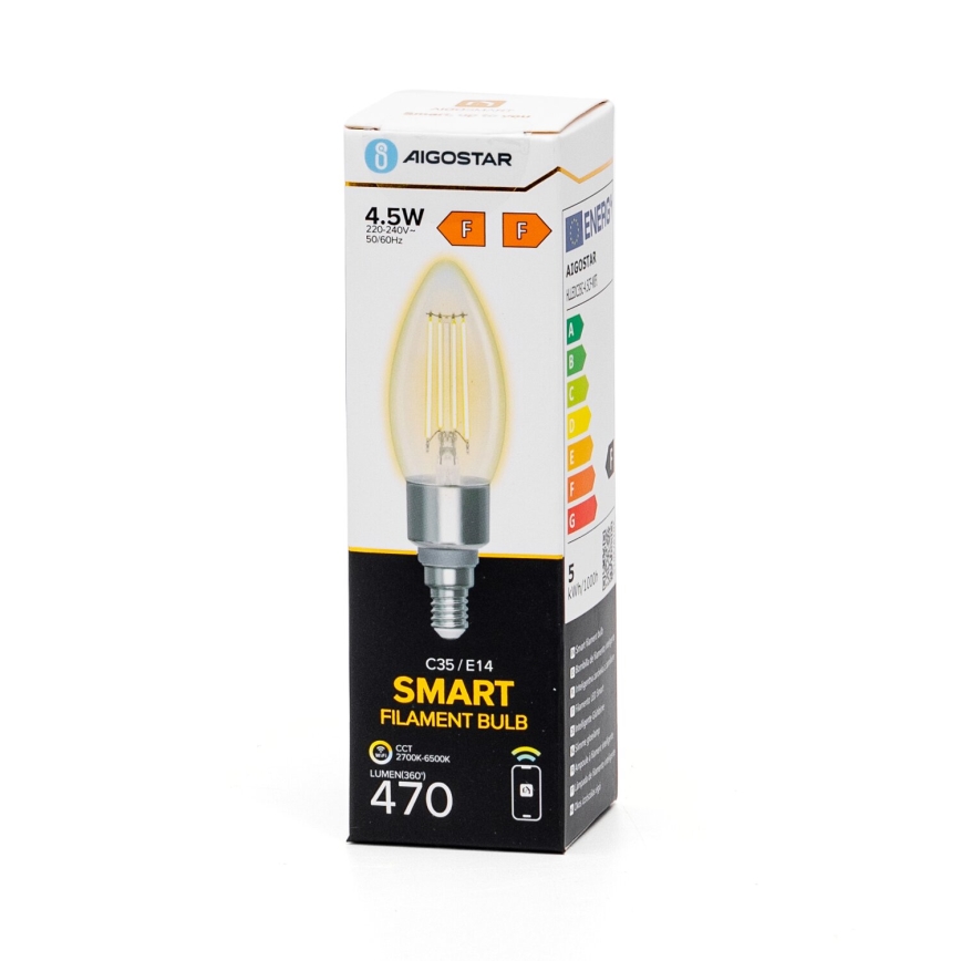 Lâmpada LED com regulação FILAMENT C35 E14/4,5W/230V 2700-6500K Wi-Fi - Aigostar