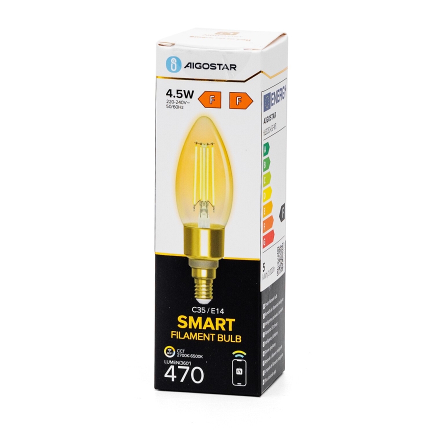 Lâmpada LED com regulação FILAMENT C35 E14/4,5W/230V 2700-6500K Wi-Fi - Aigostar