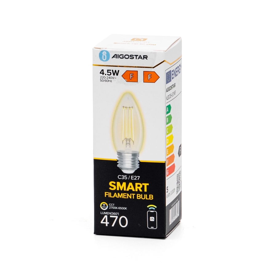 Lâmpada LED com regulação FILAMENT C35 E27/4,5W/230V 2700-6500K Wi-Fi - Aigostar