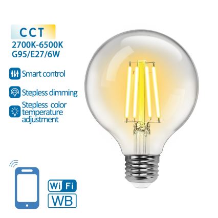 Lâmpada LED com regulação FILAMENT G95 E27/6W/230V 2700-6500K Wi-Fi - Aigostar