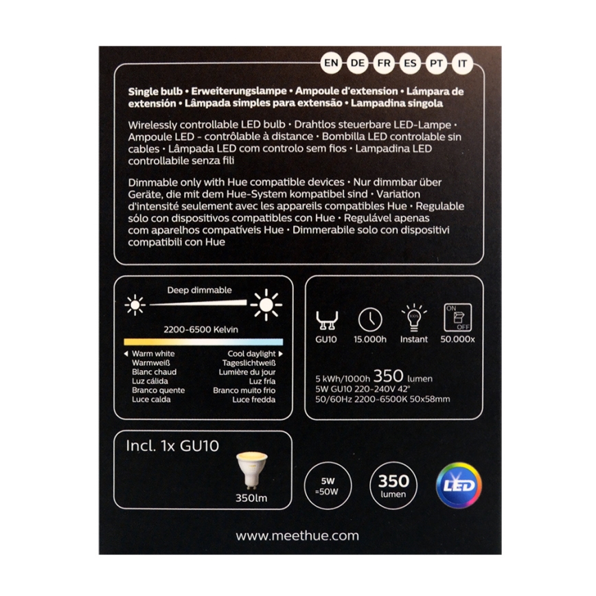 Lâmpada LED com regulação Philips Hue WHITE AMBIANCE 1×GU10/4,3W/230V 2200–6500K