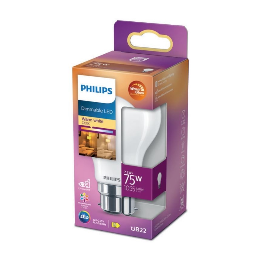 Lâmpada LED com regulação Philips Warm Glow A60 B22/7,2W/230V 2200-2700K CRI 90