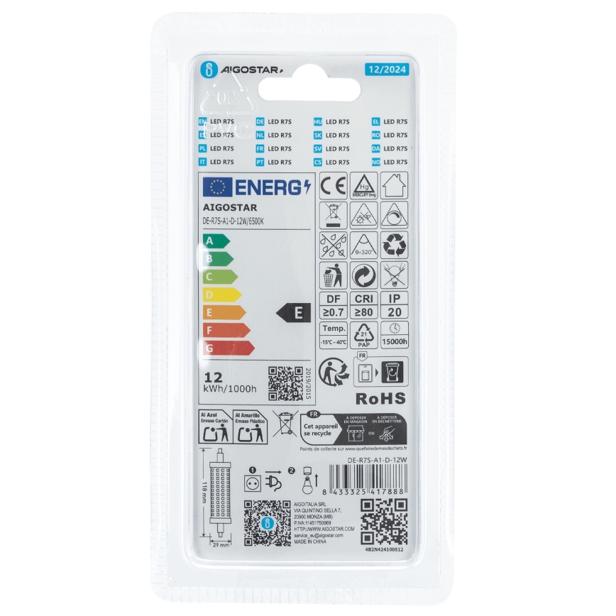 Lâmpada LED com regulação R7s/12W/230V 6500K - Aigostar