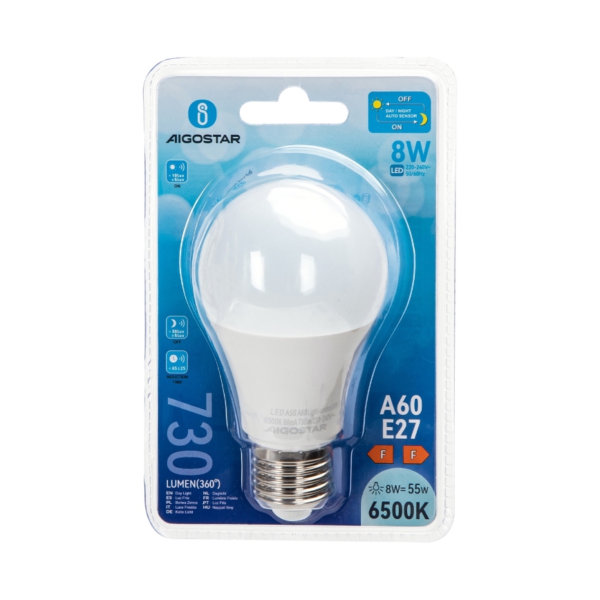 Lâmpada LED com sensor crepuscular A60 E27/8W/230V 6500K - Aigostar