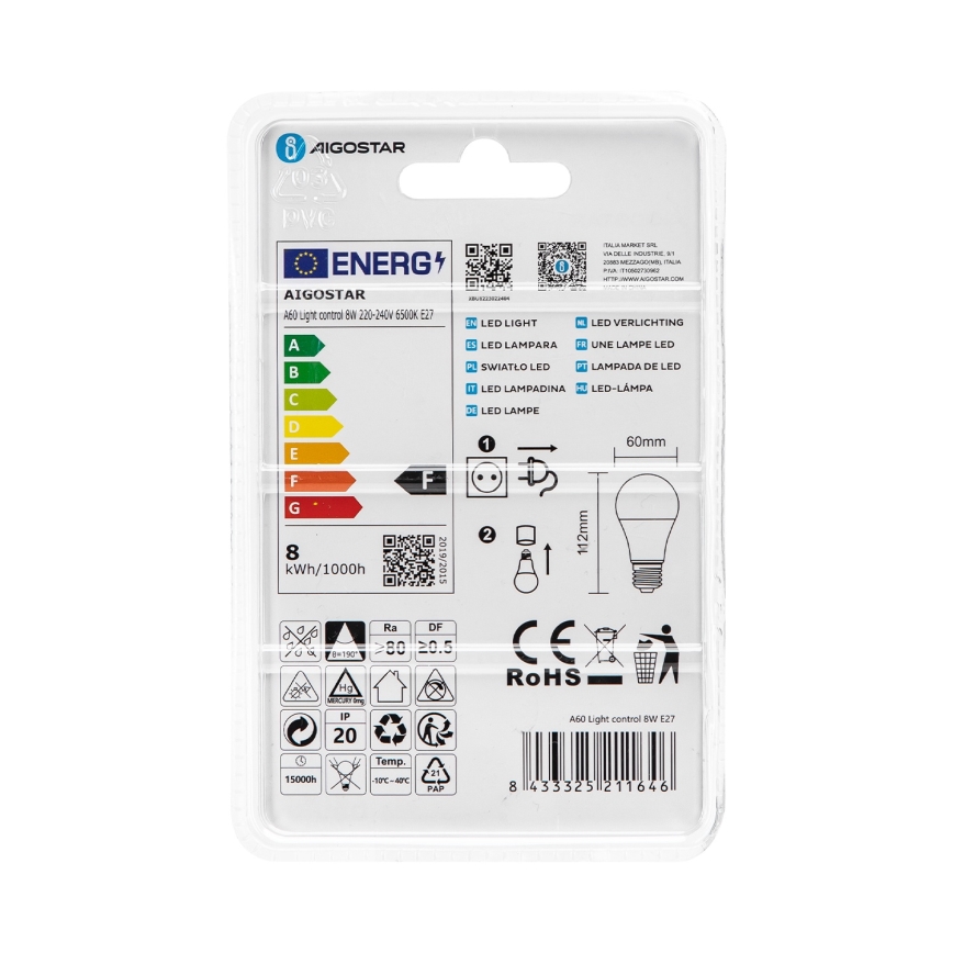 Lâmpada LED com sensor crepuscular A60 E27/8W/230V 6500K - Aigostar