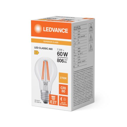 Lâmpada LED com sensor de crepúsculo CLASSIC FILAMENT A60 E27/7,3W/230V 2700K - Osram