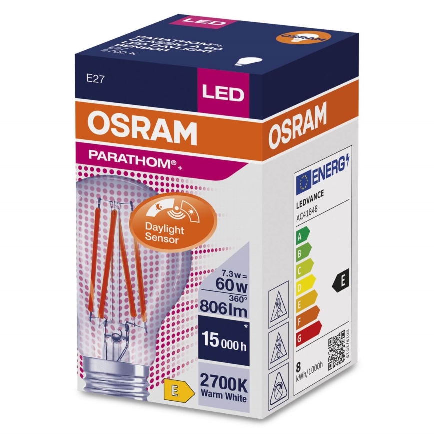 Lâmpada LED com sensor de crepúsculo CLASSIC FILAMENT A60 E27/7,3W/230V 2700K - Osram