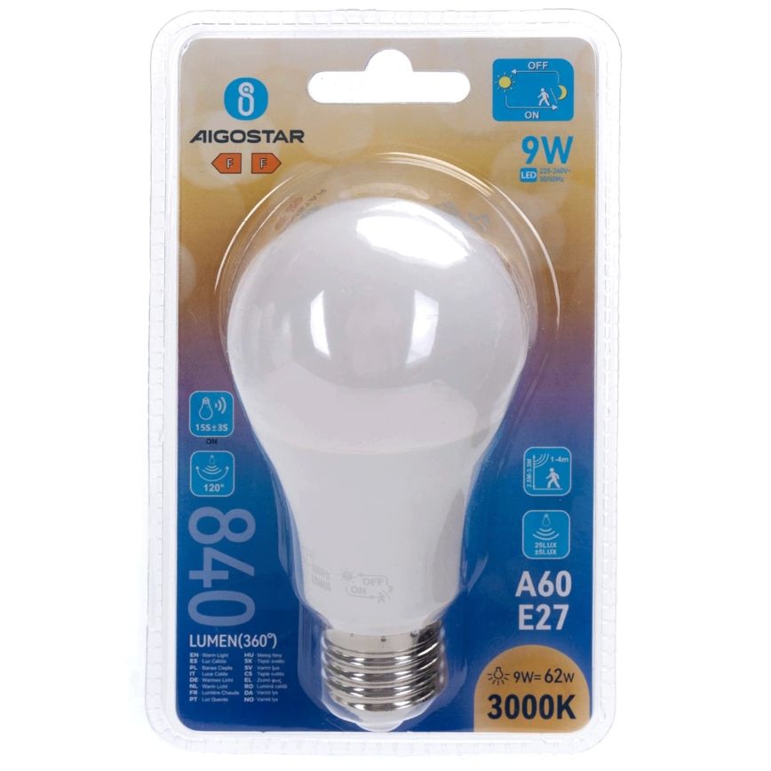 Lâmpada LED com sensor de movimento e de crepúsculo A60 E27/9W/230V 3000K - Aigostar