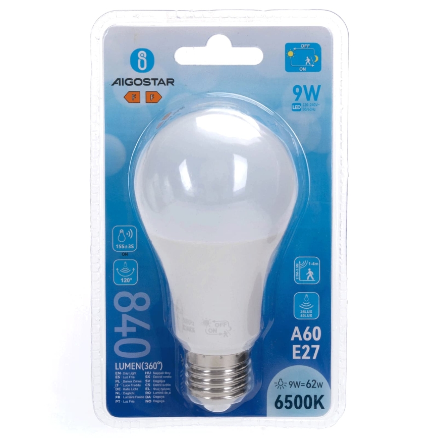 Lâmpada LED com sensor de movimento e sensor crepuscular A60 E27/9W/230V 6500K - Aigostar