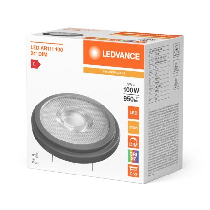 Lâmpada LED dimerizável AR111 G53/13,5W/12V 2700K 24° CRI 97 - Ledvance