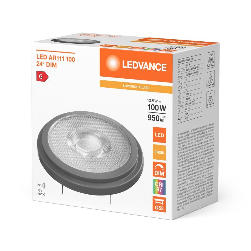 Lâmpada LED dimerizável AR111 G53/13,5W/12V 2700K 24° CRI 97 - Ledvance